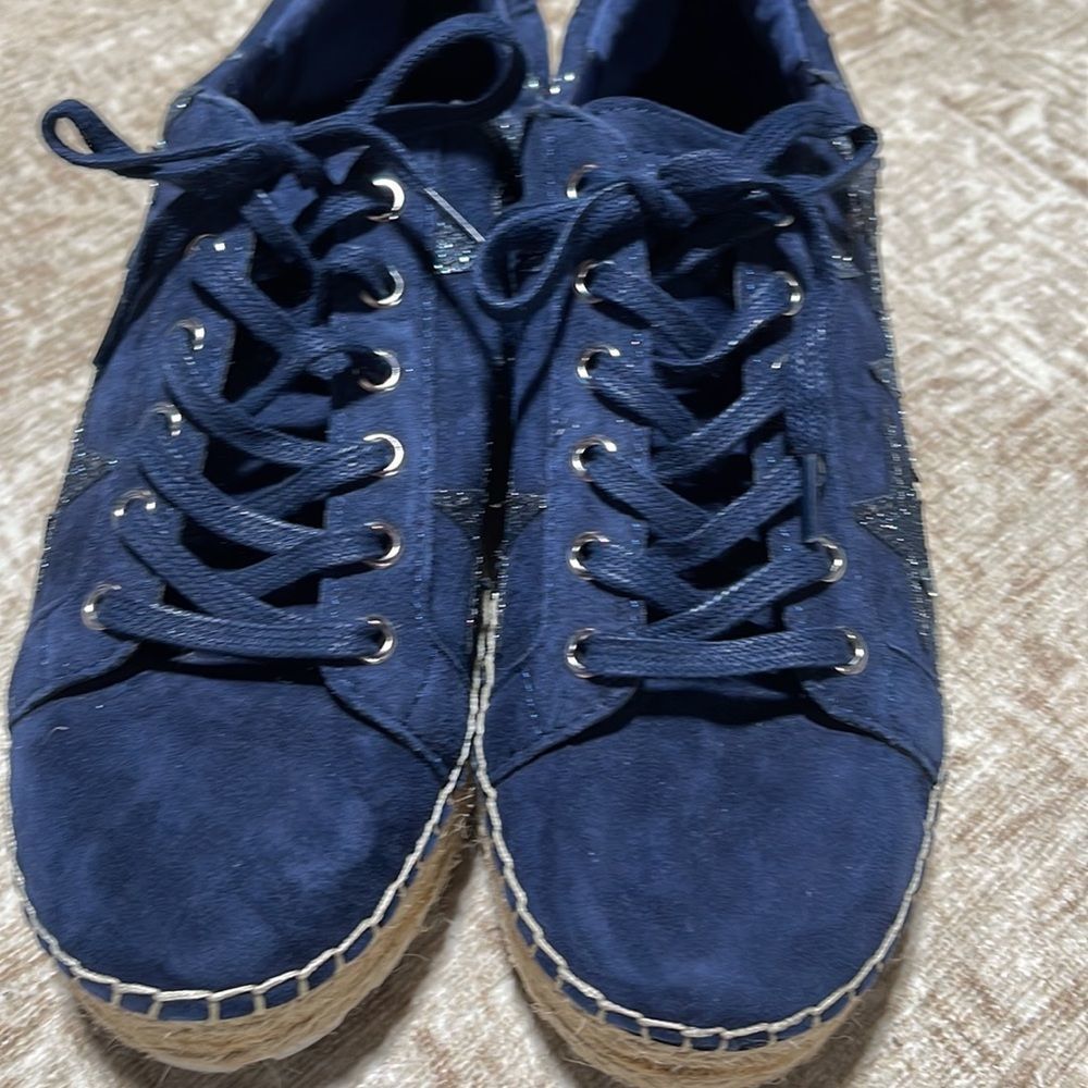 Marc Fisher Navy Suede Espadrille Sneakers with Silver Star Accents - Picture 11 of 14